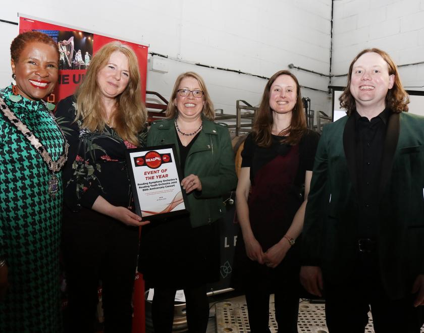 Deputy Mayor Alice Mpufo Coles, Event of the Year representatives from Reading Symphony Orchestra and Reading Youth Orchestra, and Damien Passmore at the What's On Reading Cultural Champions event