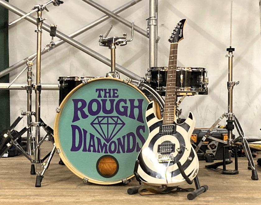 Musical instruments set up for rehearsals for Twyford Drama's Diamond Gems show