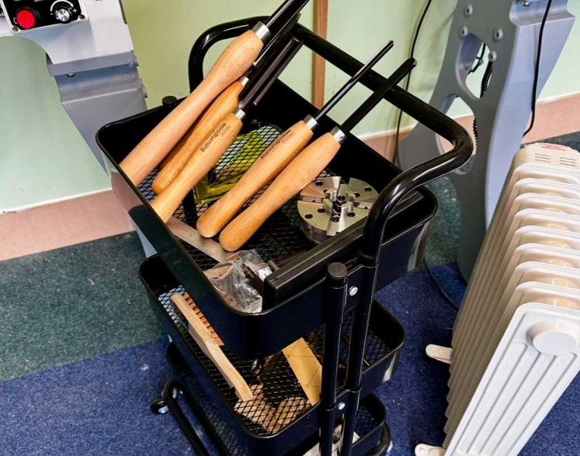 Selection of woodturning tools in a trolley