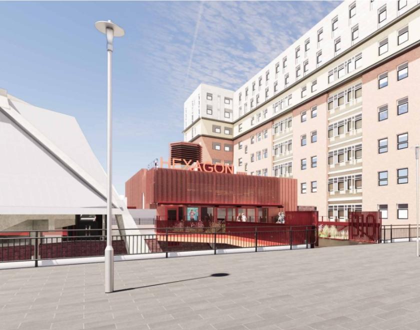 Rendering of the exterior of the new studio theatre at the Hexagon