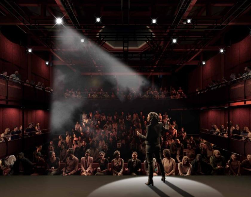 Rendering of the on-stage view for the new studio theatre at the Hexagon