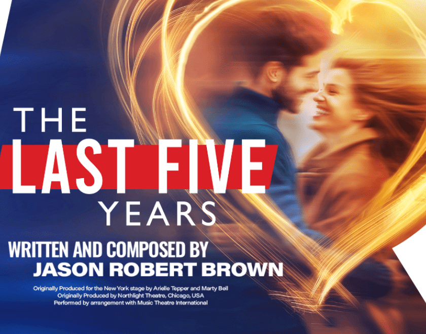 Poster for The Last Five Years, with a male and female couple in a heart shaped like it;s makde out of light