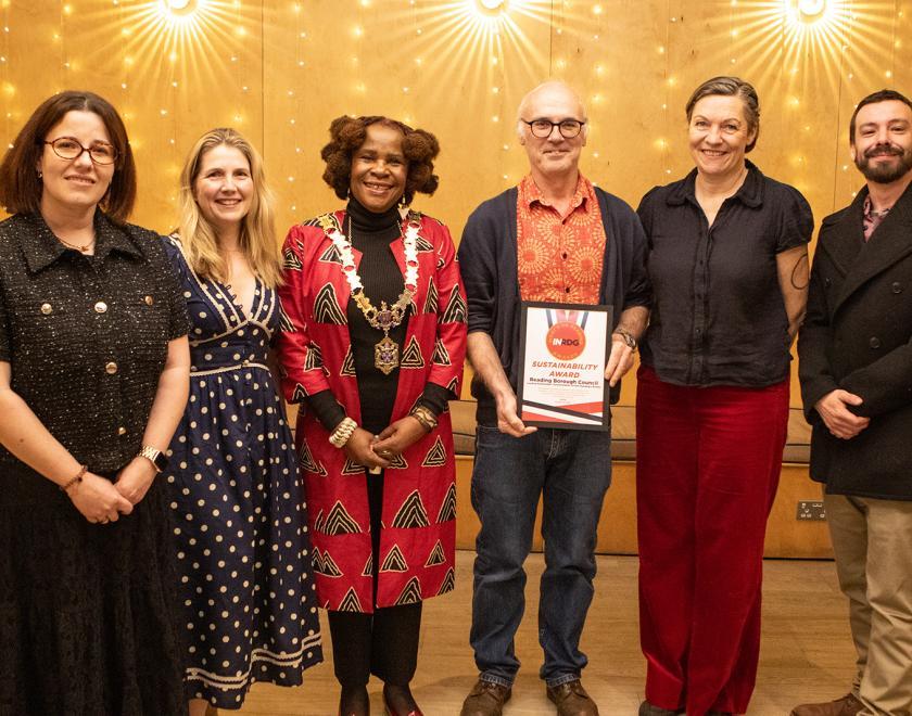 Reading Borough Council events team members pose with their Sustainability Award certificate alongside presenters Suzanne Stallard and Max Shuell and the Mayor of Reading