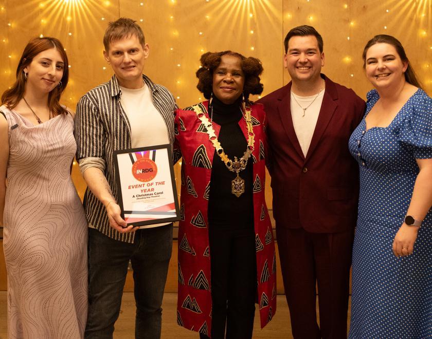 Reading Rep Theatre pose with their Event of the Year certificate alongside presenter Tiam Koravand and the Mayor of Reading