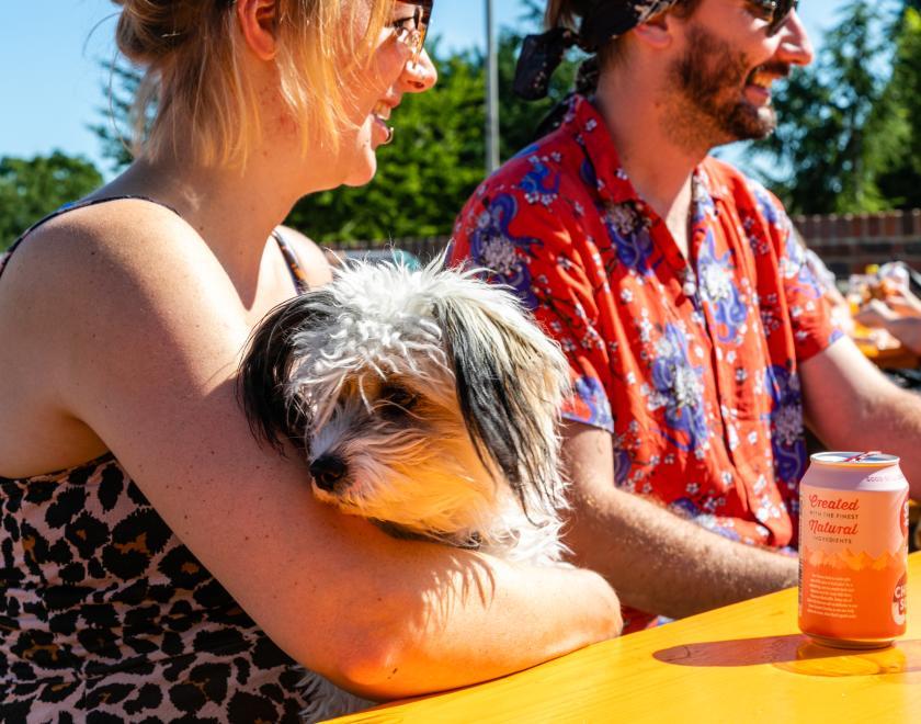 Drinking in the sunshine with a dog at Double-Barrelled Brewery