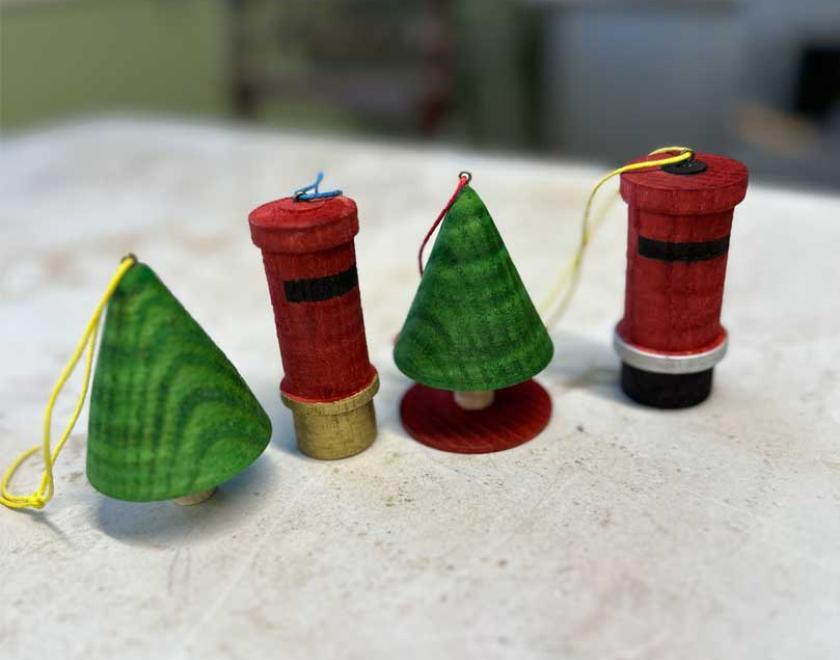 Handmade hanging, wooden Christmas tree ornaments, 2 trees and 2 post boxes.