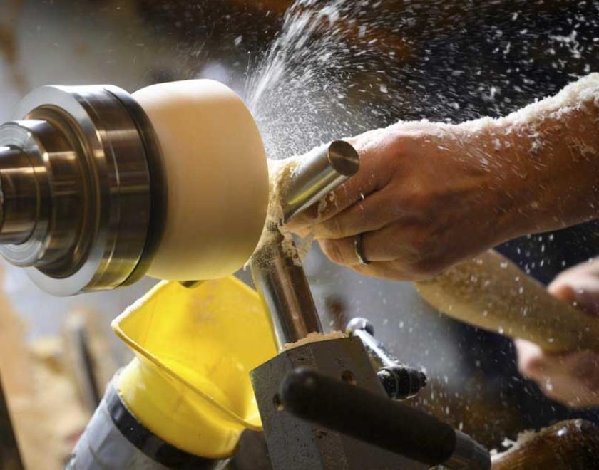Turning a bowl on the lathe.
