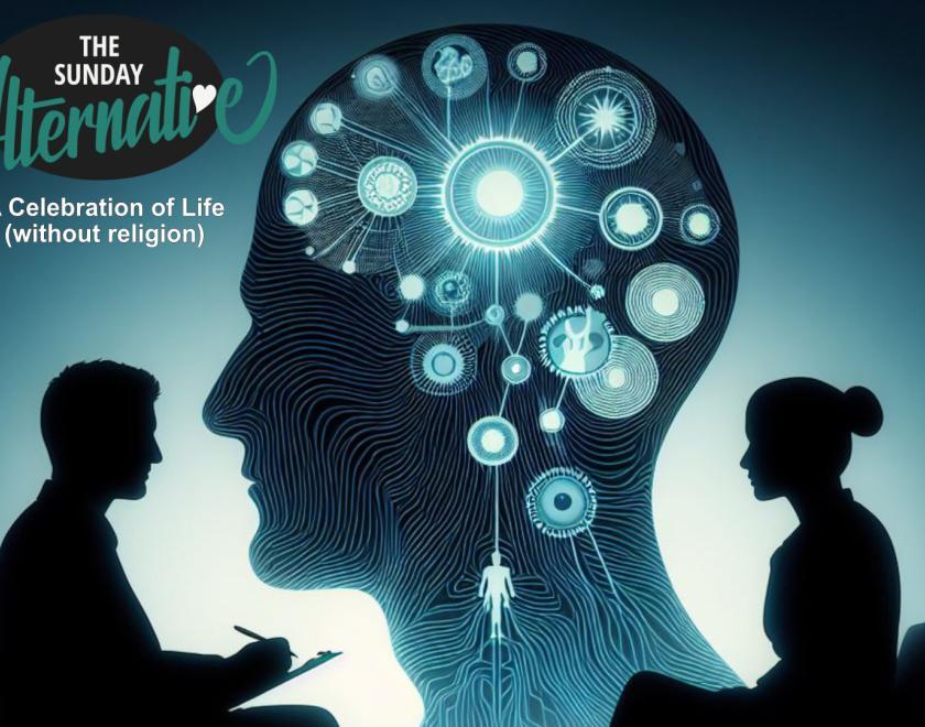 2 silhouetted people in interview with a large silhouetted head behind showing the workings of the brain