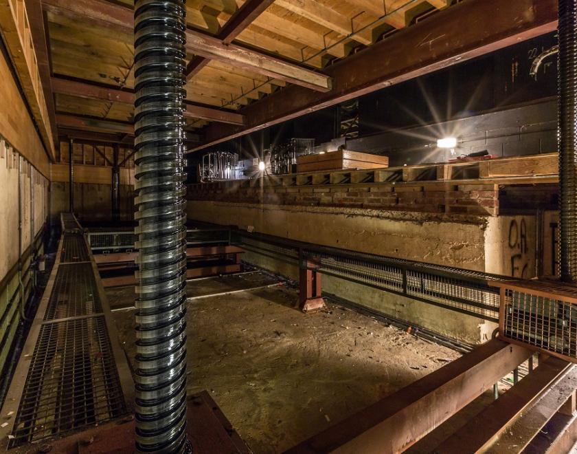 View of mechanisms under the stage