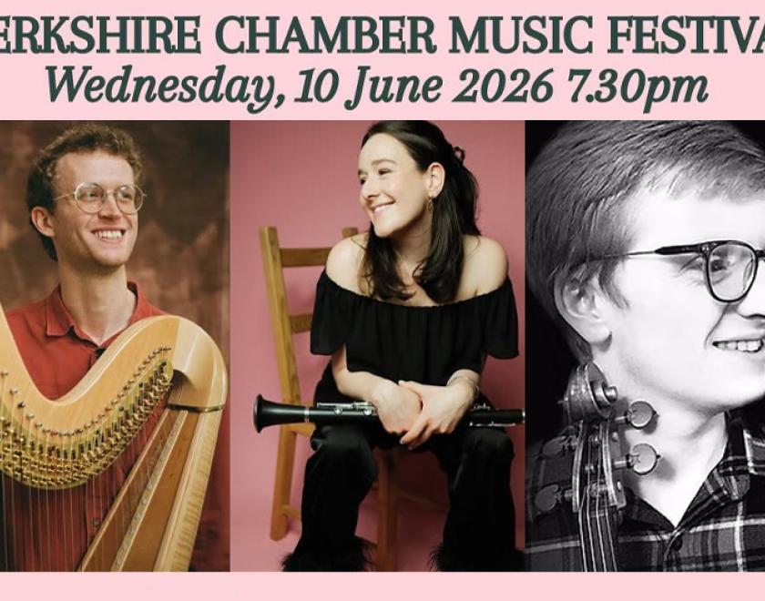 Photos of musicians Oliver Wass with a harp, Poppy Beddoe with a clarinet and Ella O’Neill at the piano