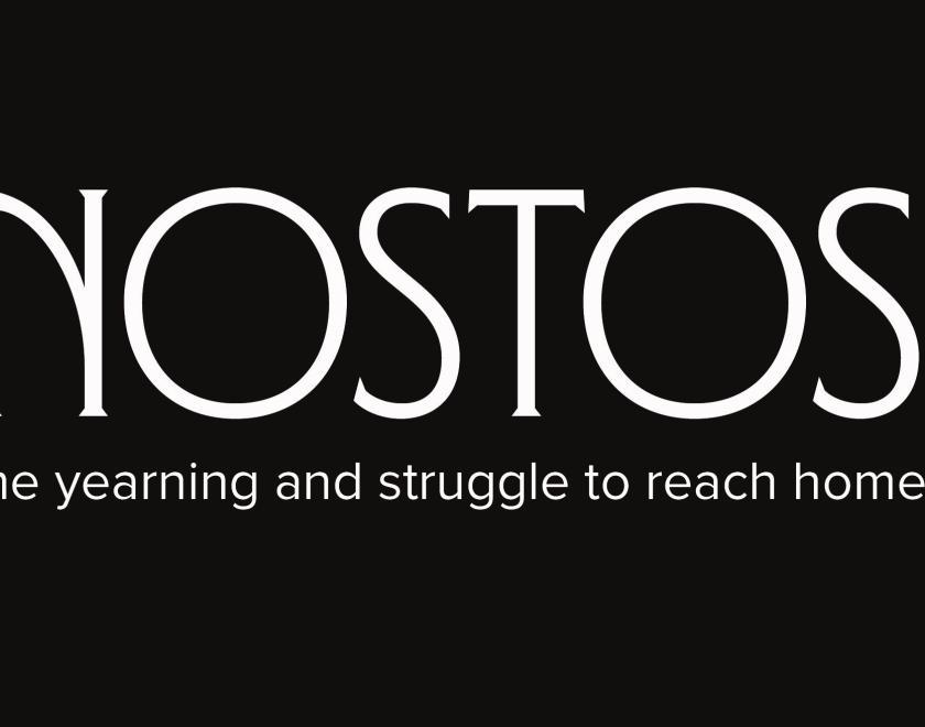 Black Background and White letters spelling out Nostos - The yearning and stuggles to reach home.