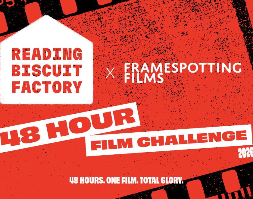 The 48-Hour Film Challenge logo under the Reading Biscuit Factory logo against a red background