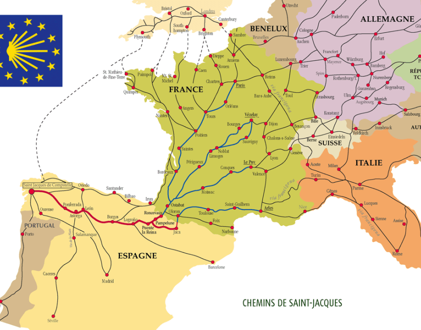 Map showing contemporary routes in Europe to Santiago de Compostela