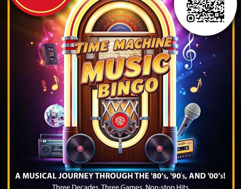 Image of a jukebox with light streaming from it, with text showing the details of the event.