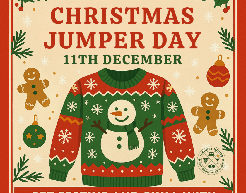 Advertisement for Christmas Jumper Day on December 11th, featuring a festive, snowman-themed Christmas jumper.