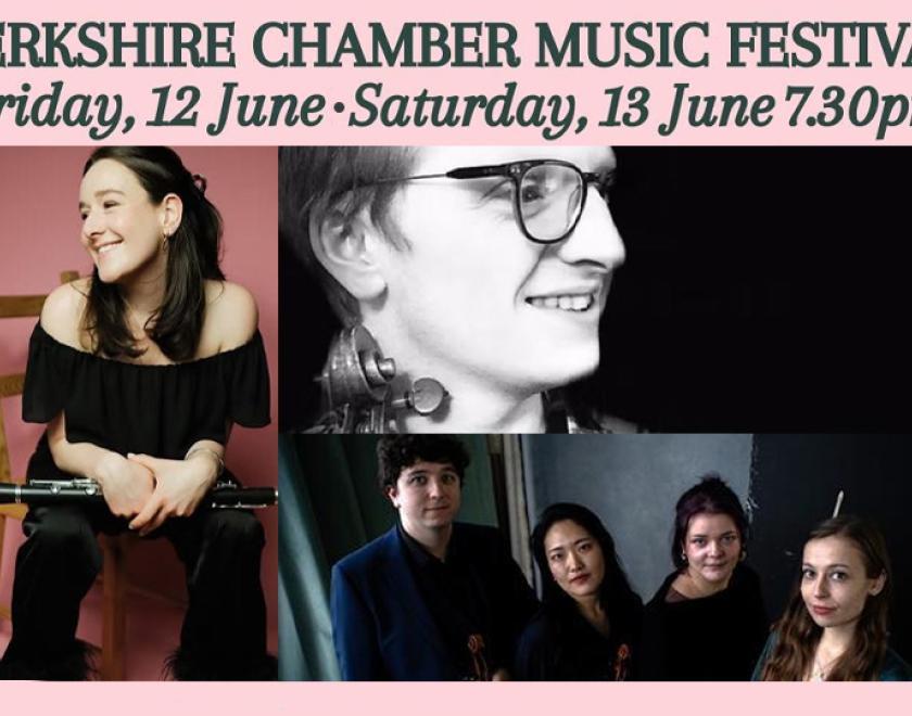Photos of musicians Poppy Beddoe with a clarinet, James Flannery with a viola and the Brompton Quartet with their instruments
