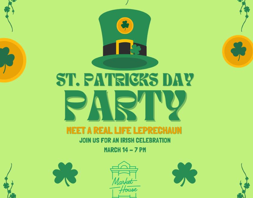 St. Patrick’s Day party poster with green hat and shamrocks; March 14, 7pm.