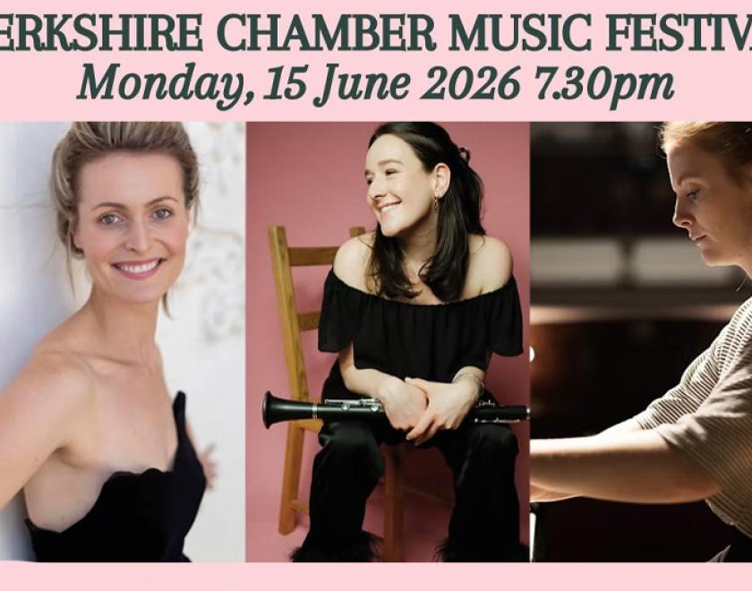 Photos of singer Milly Forest and musicians Poppy Beddoe with a clarinet and James Flannery with a viola