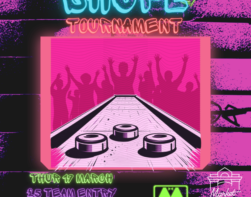 Neon shuffleboard tournament poster with crowd silhouettes; 19th March, £5 entry.