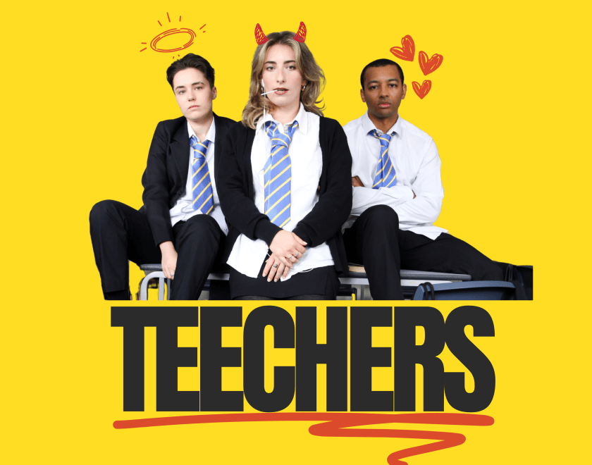 Three young people in school uniforms sit on desks against a bright yellow background, with playful doodles (a halo, devil horns and hearts) above their heads. Below them, the bold title “TEECHERS” appears in large black text with a red underline.