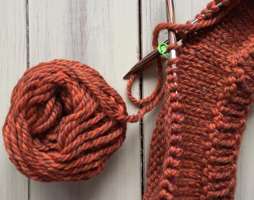 in progress brown knitting 