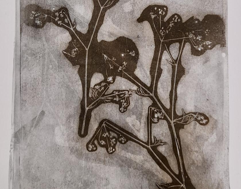 botanical print in browns, white and grey