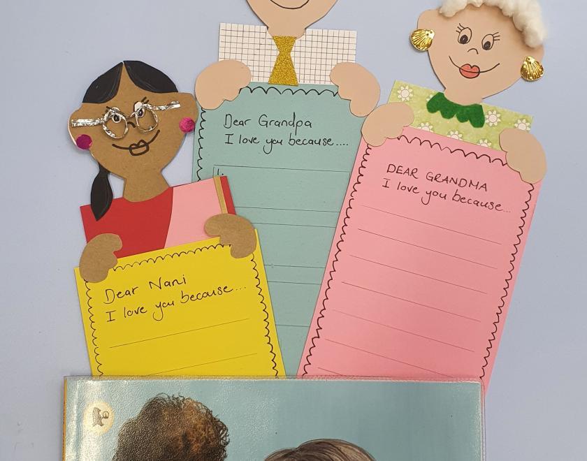 Image of three hand made bookmarks topped by image of grandparents