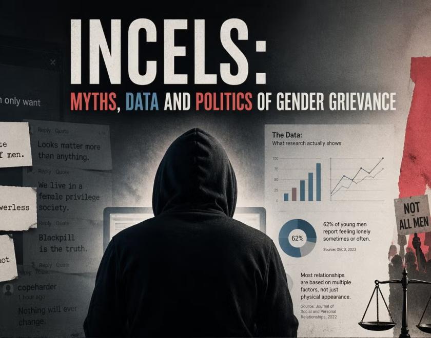 Hooded figure surrounded by charts and diagrams