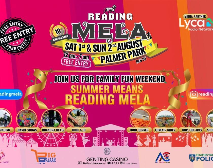 Reading Mela 2026 poster with info about the event