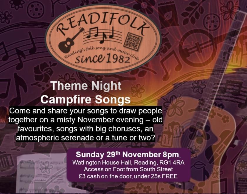 Poster advertising Readifolk's Campfire Songs session. Colours are dark and autumnal with warm oranges and reds. In the foreground is a guitar ready to be played.