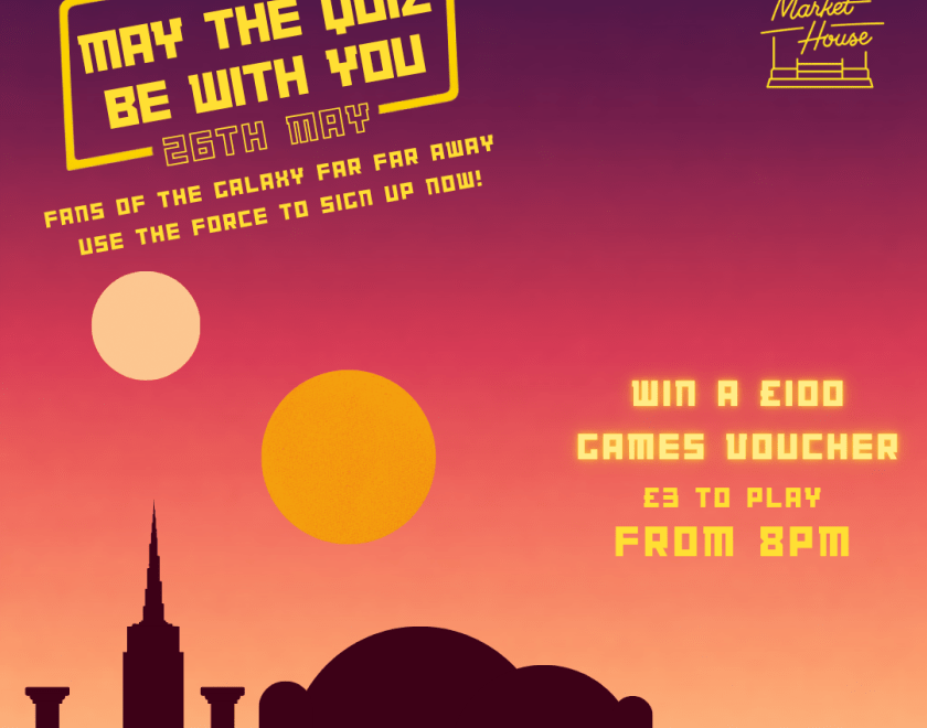 ‘May the Quiz Be With You’ on 26 May, 8pm, £3 entry, with a colorful sunset and skyline.”