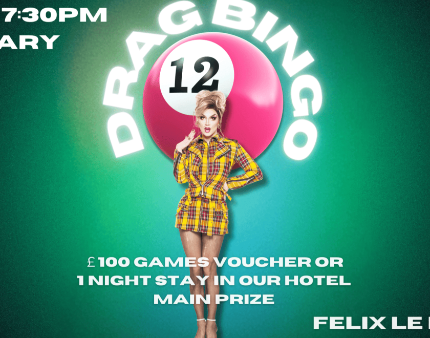Green poster for Drag Bingo on 29th January at 7:30pm, featuring a drag performer in a yellow plaid outfit, £100 prize, at Market House.