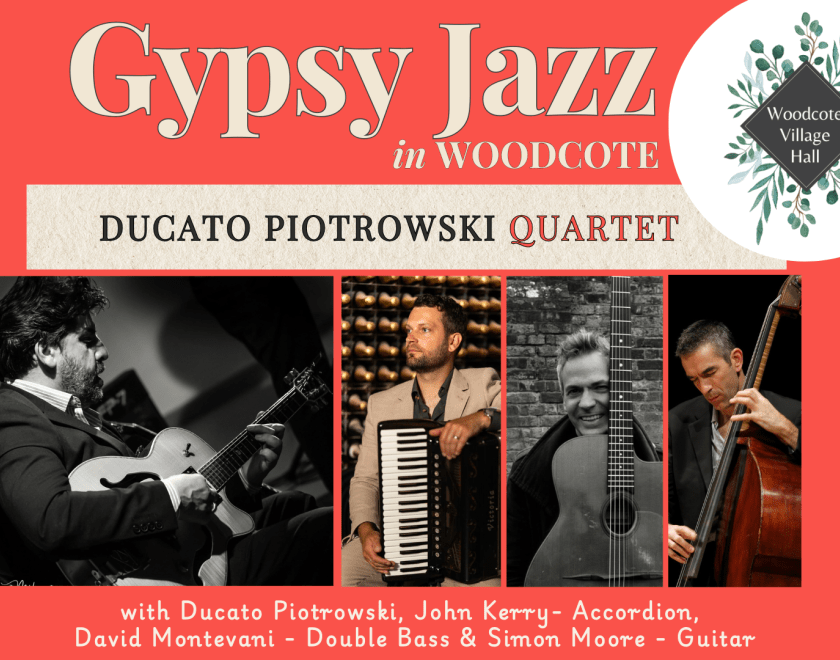 Poster for Gypsy Jazz event with photos of the members of the Ducato Piotrowski Quartet