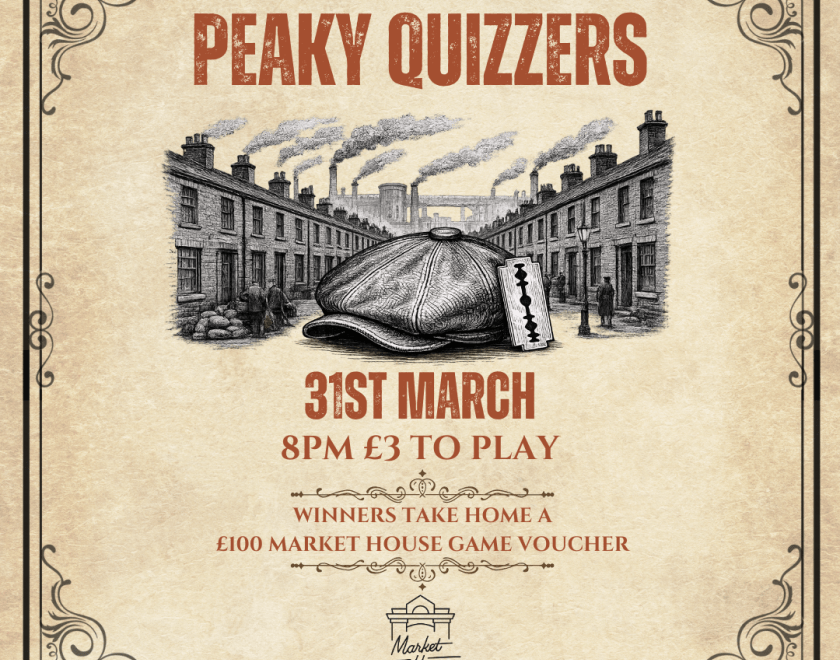 Vintage-style Peaky Blinders quiz poster; 31st March, 8pm, £3 entry.