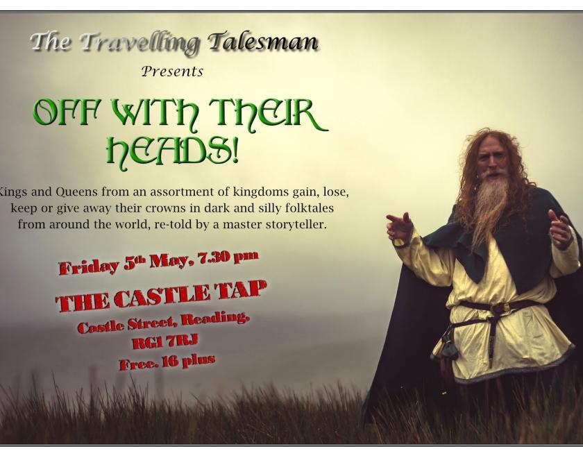 Against a misty landscape and up to his waist in long grass a long ginger haired and grey bearded storyteller wearing a cream tunic and blue cloak stands  on the right of the image as if announcing the text beside him which announces the show, date and venue