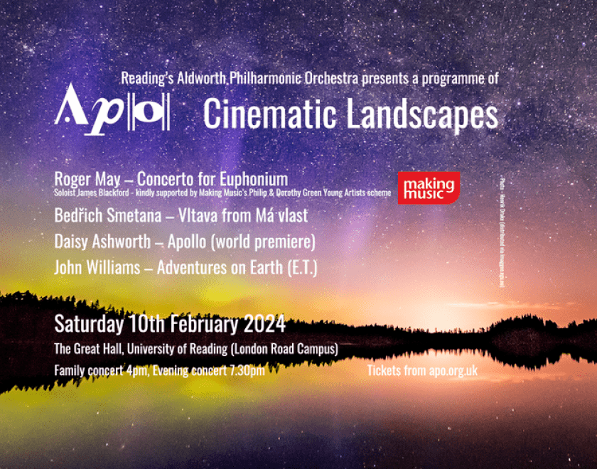 leaflet including programme, background photo of sunset at the lake 