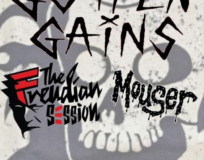 Gig poster with a grey and white skull background