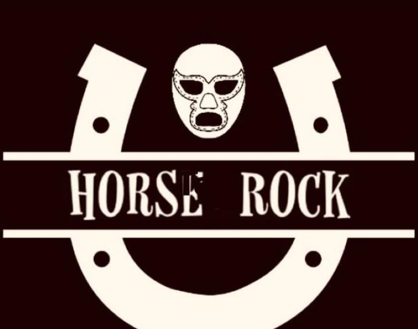 A logo style white horseshoe open end up on a black background with a luchador mask  in the opening. The words "Horse Rock" are in white in a black banner that cuts horizontally across the middle 