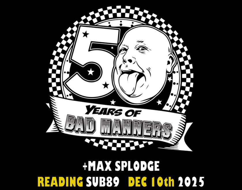 Logo for 50 years of Bad Manners with a cartoon image of Buster Bloodvessel in place of the "0"