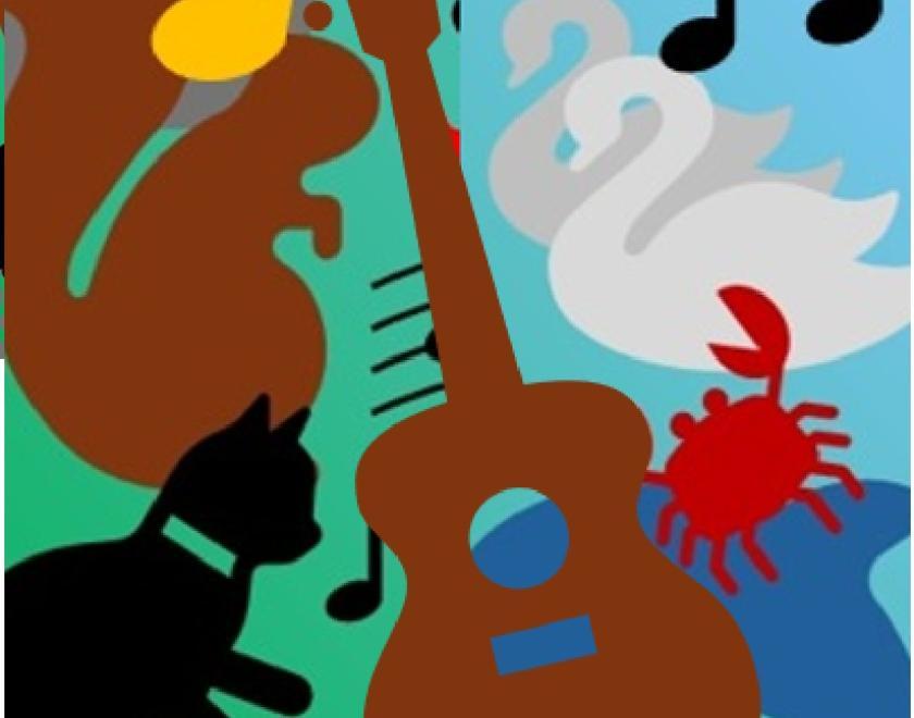 Colourful collage of images of animals (squirrel, dove, dolphin, crab, snail, cat) with musical images of notes and a guitar.