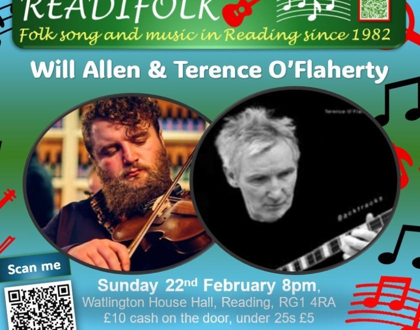 Colourful image advertising Will Allen and Terence O'Flaherty at Readifolk. There are photos of Will Allen playing fiddle and Terence O'Flaherty playing guitar. There are images of musical notes and the words "folk song and music in Reading since 1982". There are logos for Facebook, Instagram and Bluesky and the handle @readifolk.
