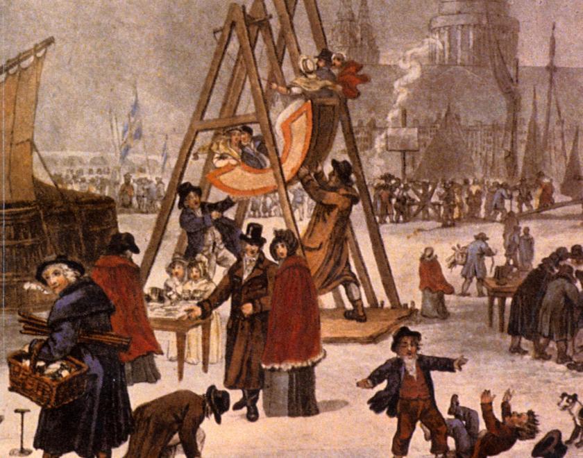 A frost fair on the frozen River Thames in London