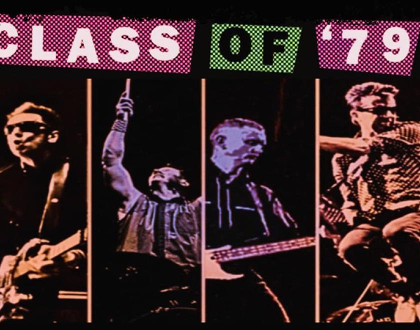 four monochrome photos of the members of the band, under the band's logo