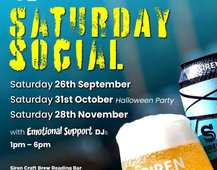Poster for Saturday Social with Emotional Support DJs with an image of a Siren beer can