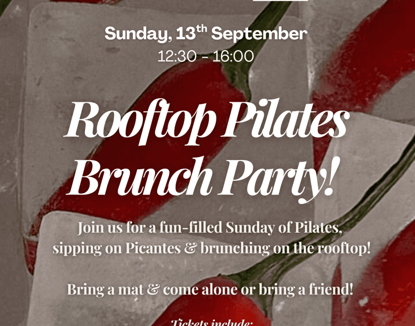 Poster for a “Pilates Rooftop Brunch Party” with chili peppers in ice; Sunday 7th June, 12:30–16:00 at Market House, Reading