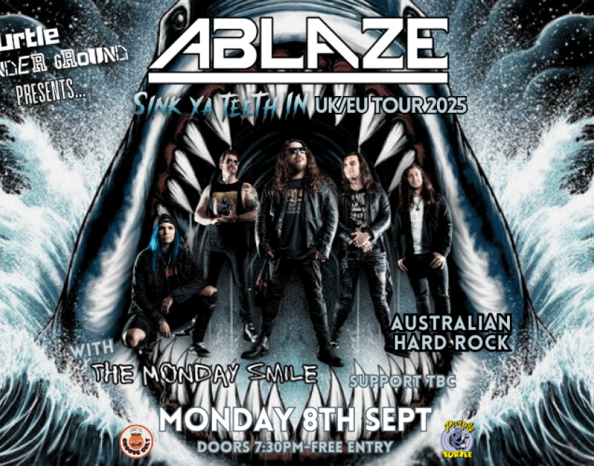 Turtle Underground Presents... ABLAZE (Aus Hard Rock)  Ablaze @ablazeband deliver a no nonsense rock n roll that is just in your face! High-energy, riff-driven pub rock with classic influences such as AC/DC characterized by anthemic choruses, and shredding guitar solos.  Support from The Monday Smile @mondaysmilemusic  FREE ENTRY // 18+ ID Required