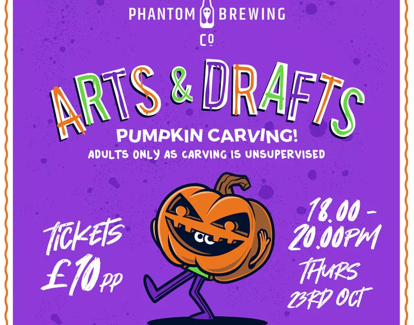 Poster for Arts & Drafts: Pumpkin Carving with a cartoon image of a pumpkin on legs
