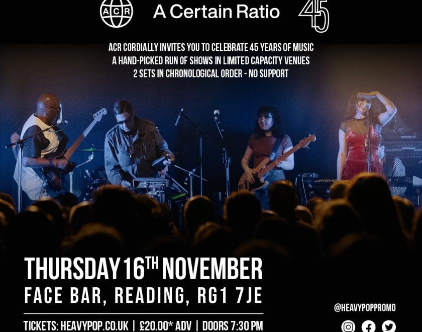 A certain ratio band performing live image with text details of the show