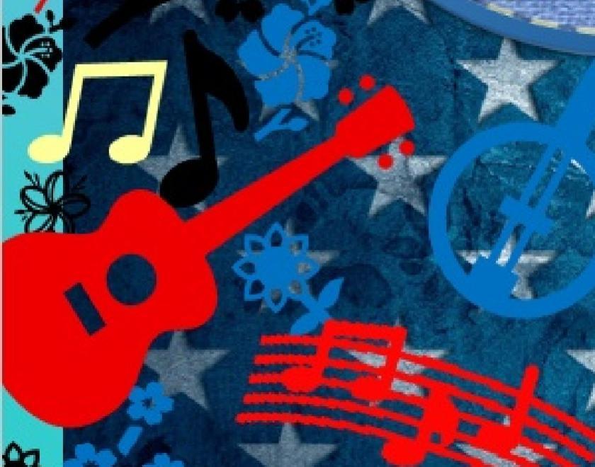 Images of musical instruments (guitar and banjo) and musical notes on a background of stars from the American flag. The colours are red, white and blue like the American flag.