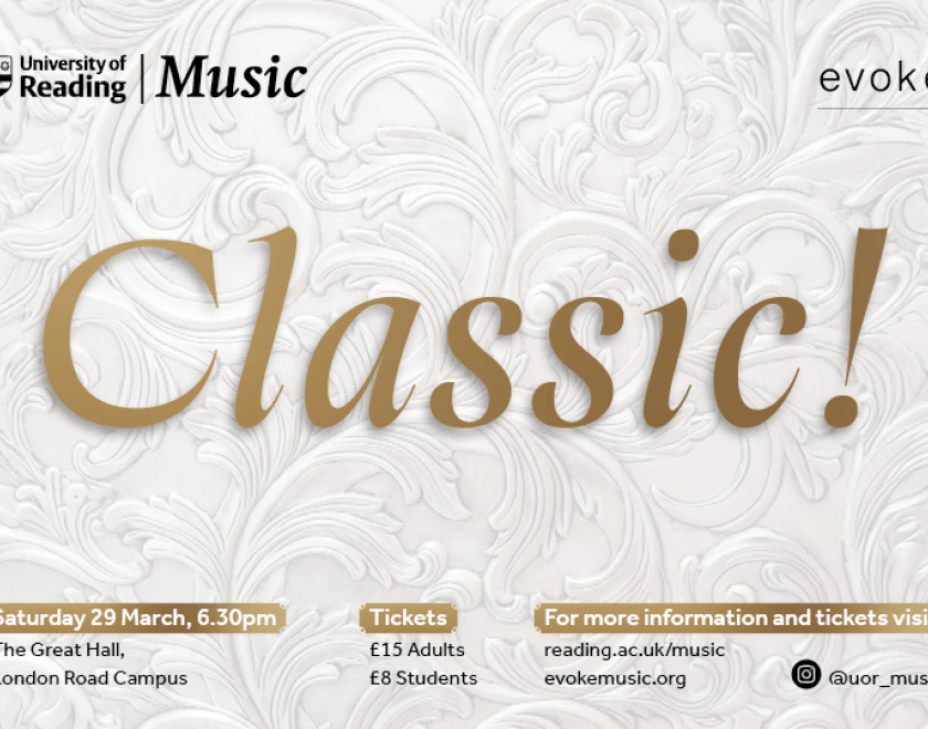 Poster for Classic! concert, with the title in gold against a white background